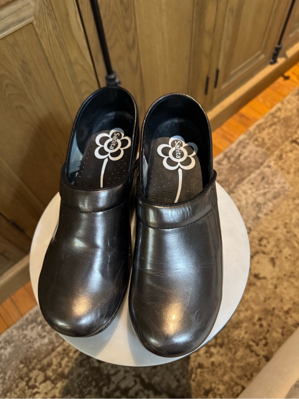 Sanita Black Leather Clog Shoes metallic grey nursing/ duty